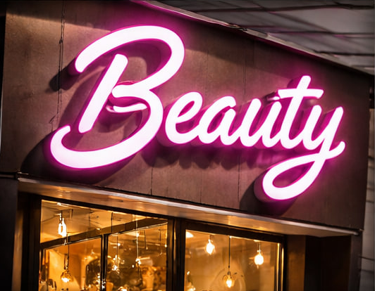 Розовая световая надпись Beauty над входом